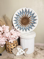 Bohemian Wandschaal Mandala Design - Handgemaakt op Bali - Aqua & Naturel - 50cm