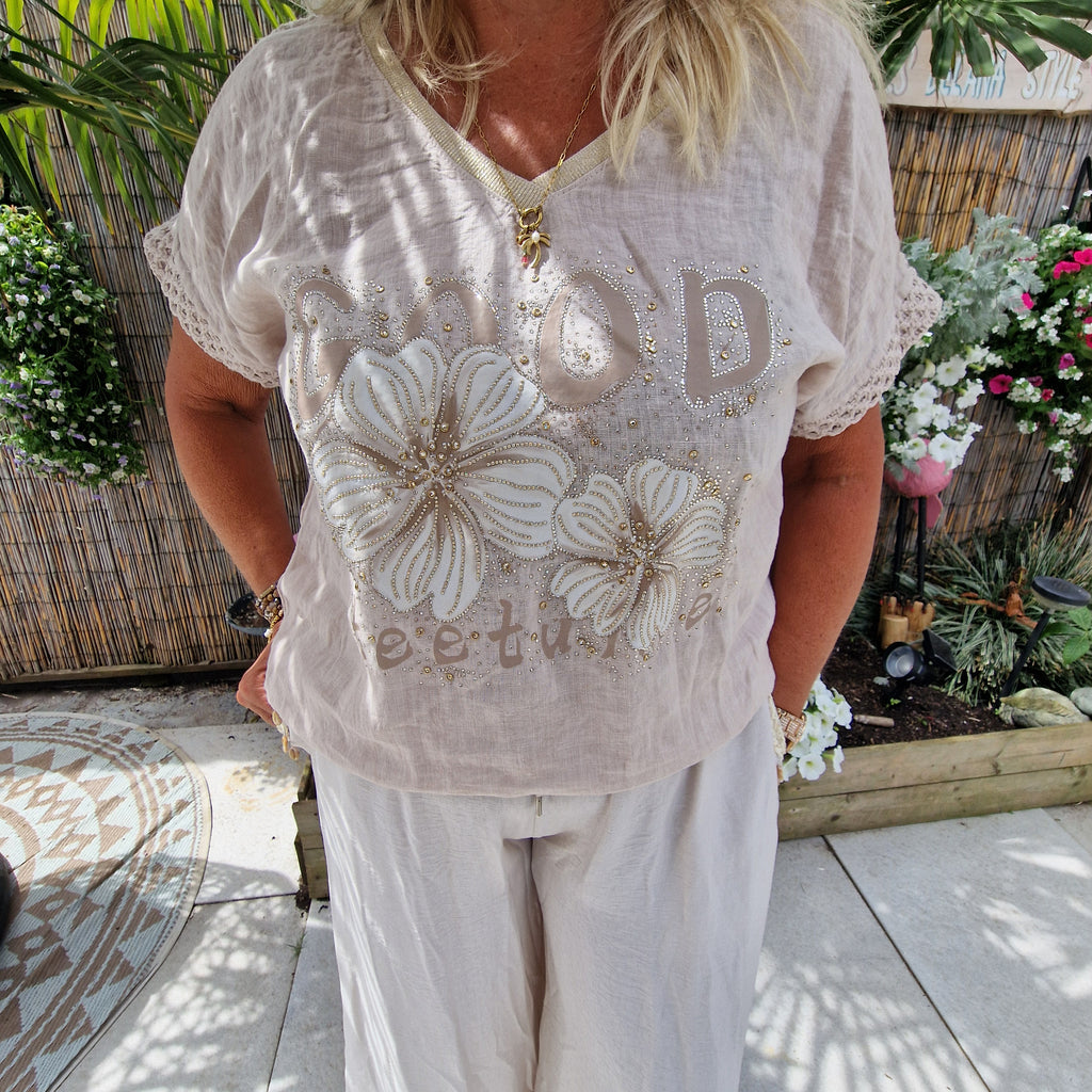 Fleur Linnen Top beige met Bloemborduursel – Ibiza Top met Kant en Glittersteentjes