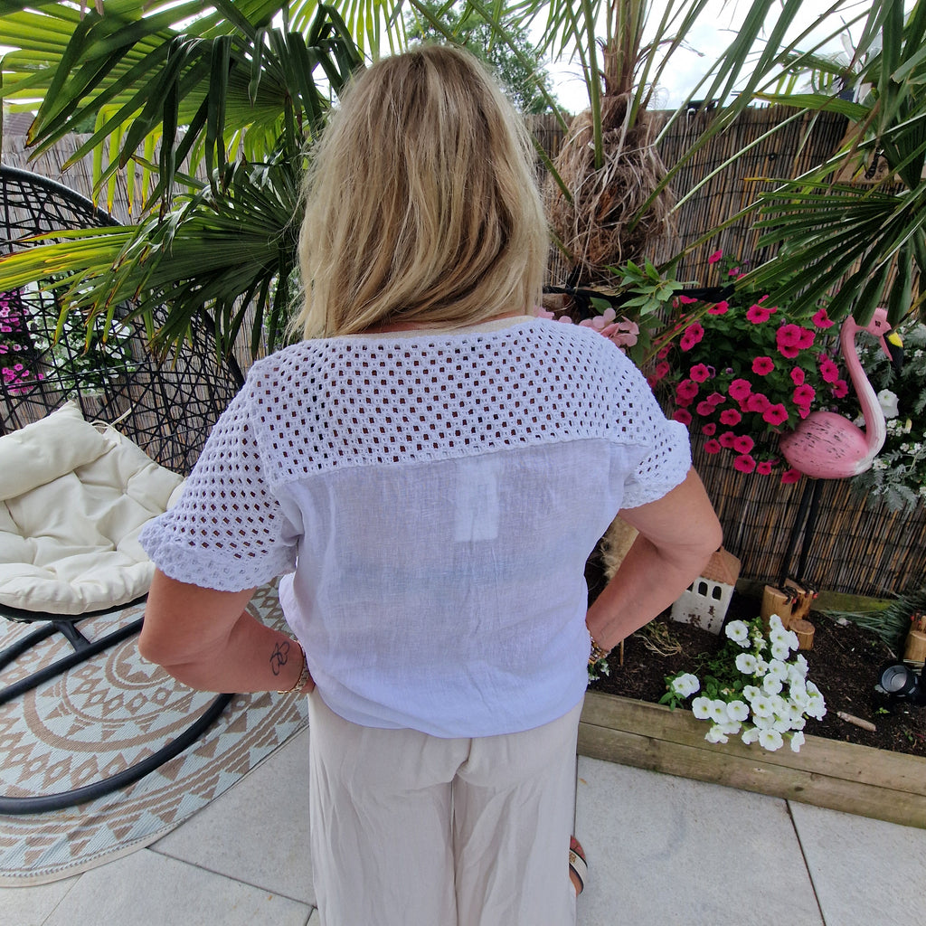 Fleur Linnen Top wit met Bloemborduursel – Ibiza Top met Kant en Glittersteentjes
