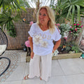 Fleur Linnen Top wit met Bloemborduursel – Ibiza Top met Kant en Glittersteentjes