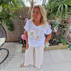 Fleur Linnen Top wit met Bloemborduursel – Ibiza Top met Kant en Glittersteentjes