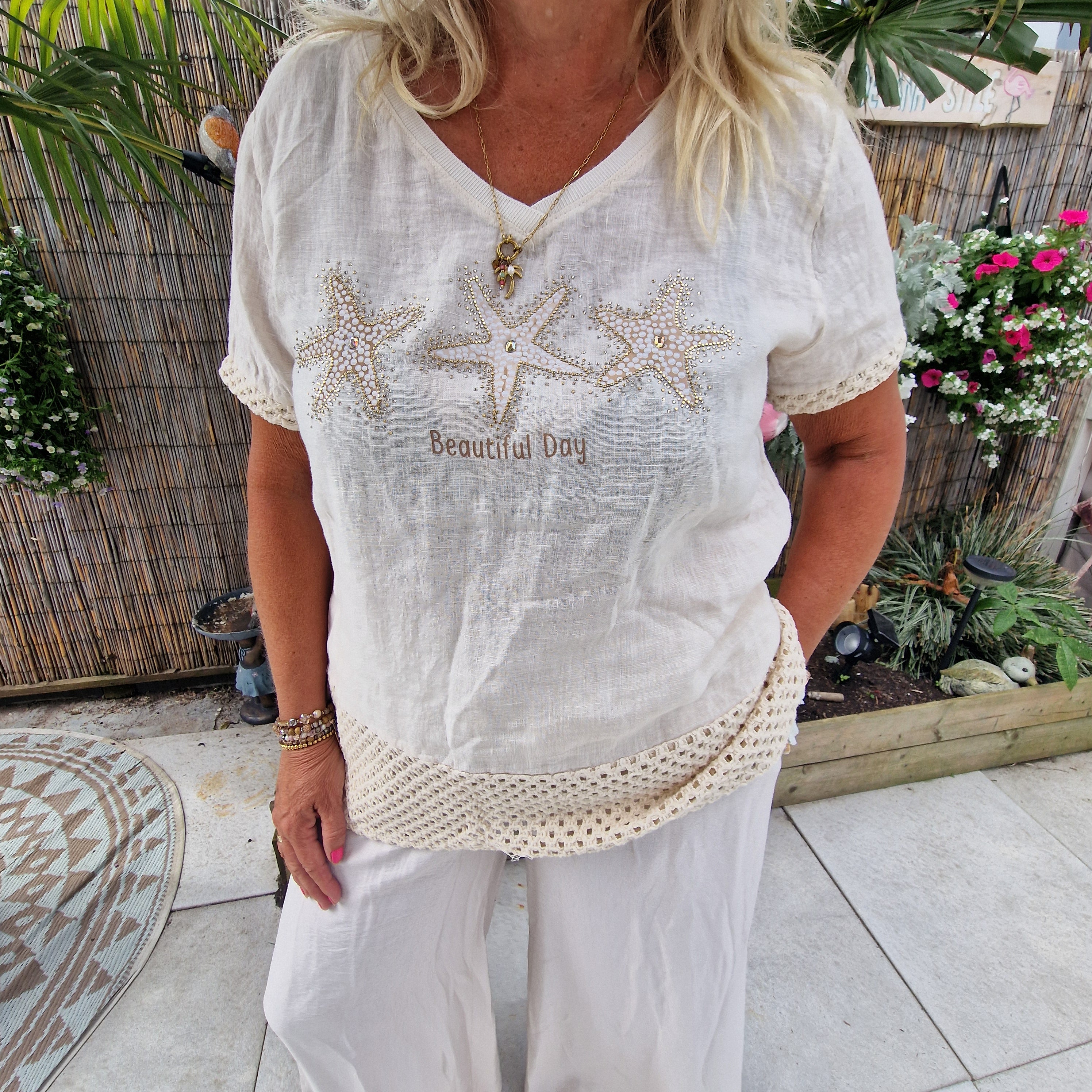 Stella Linnen Top beige met Zeesterren – Ibiza Top met Kant en Glittersteentjes