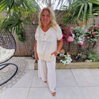 Stella Linnen Top beige met Zeesterren – Ibiza Top met Kant en Glittersteentjes