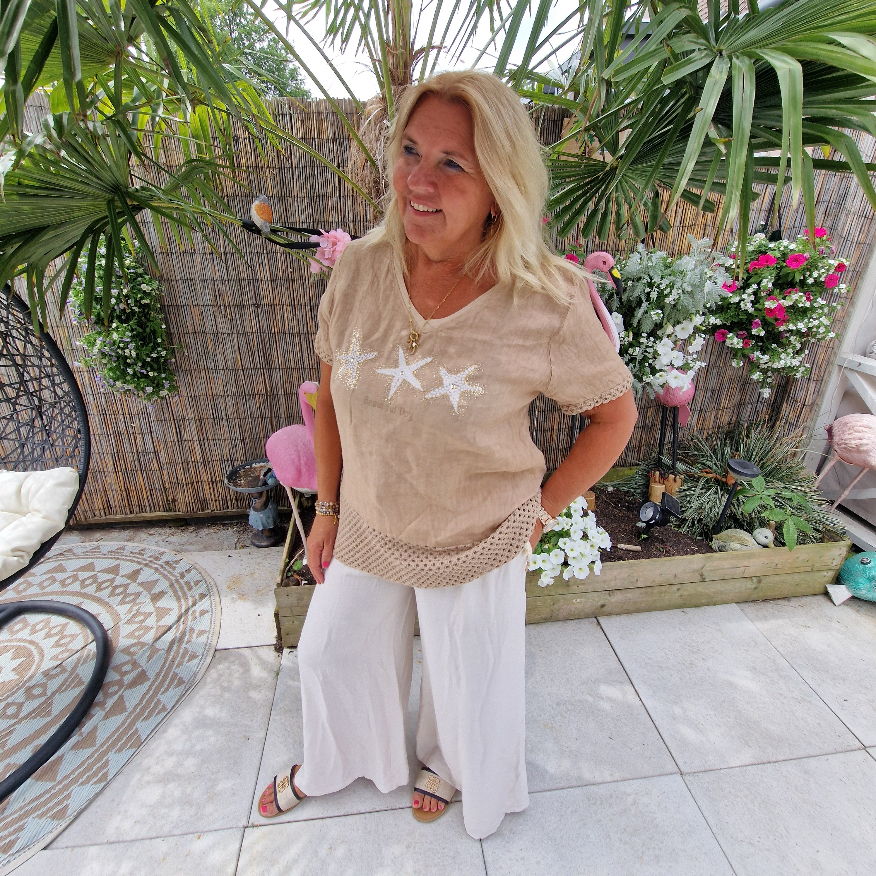 Stella Linnen Top bruin met Zeesterren – Ibiza Top met Kant en Glittersteentjes