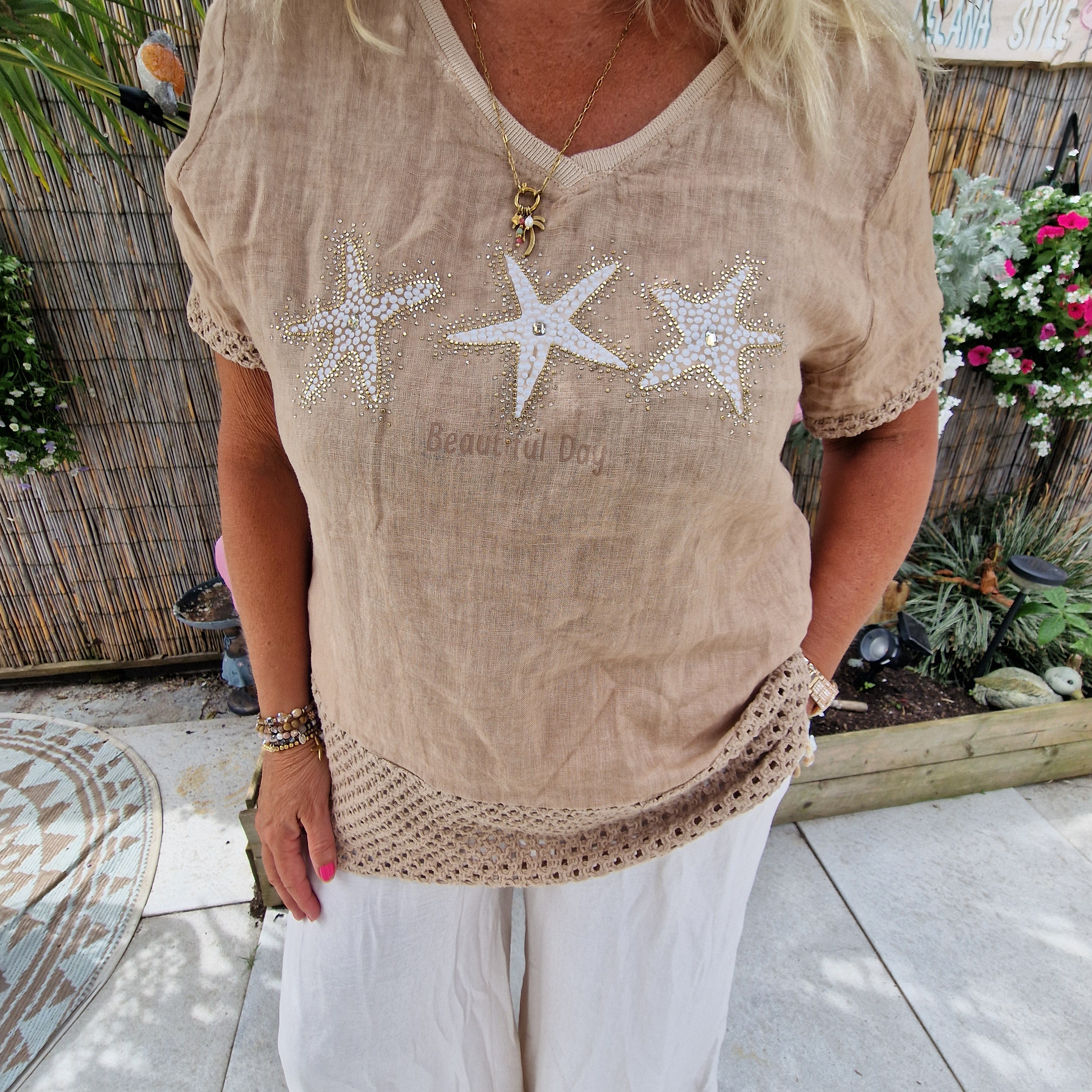 Stella Linnen Top bruin met Zeesterren – Ibiza Top met Kant en Glittersteentjes