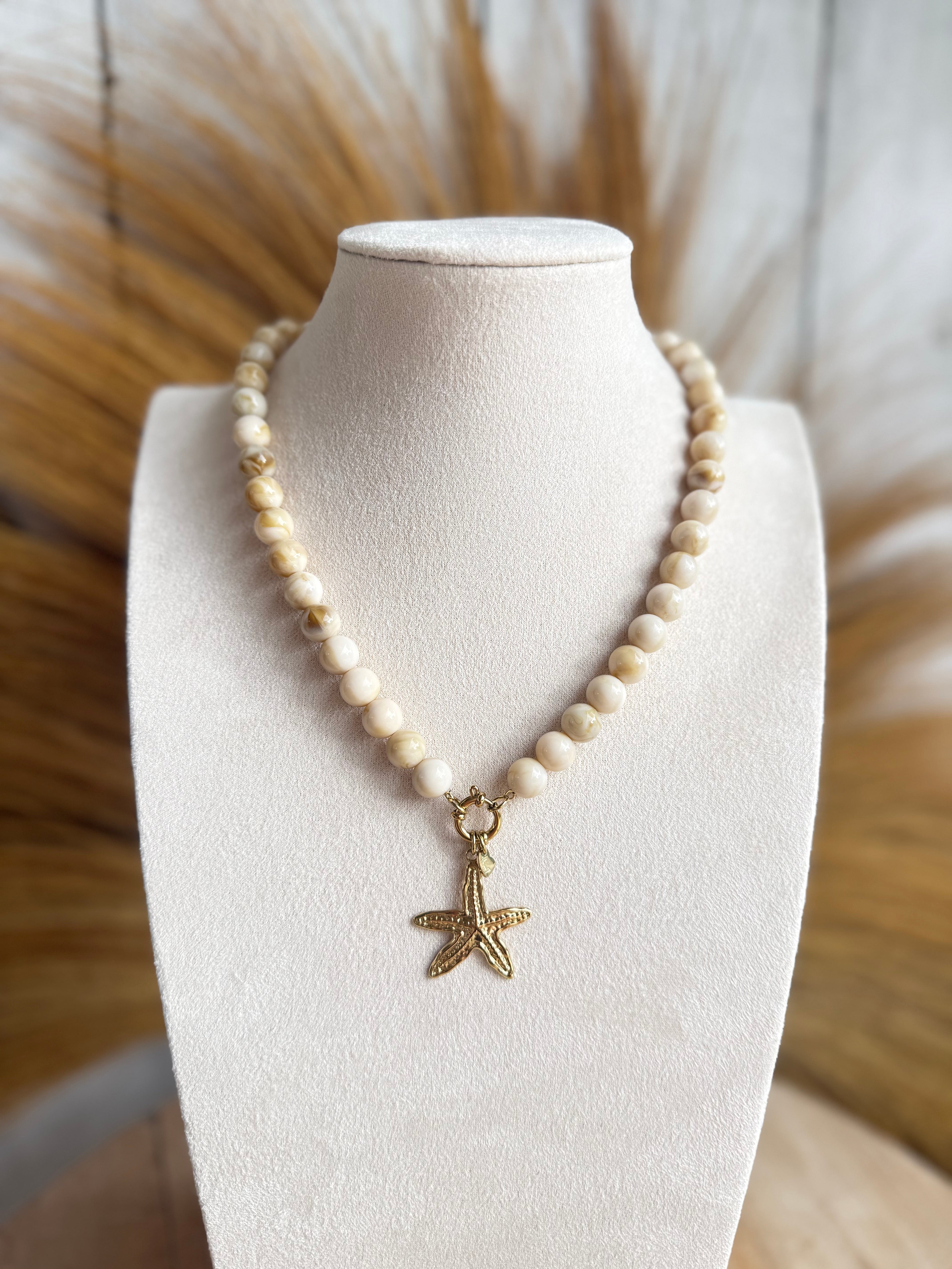 Kralenketting Dames met Zeester Hanger Goud – Crème Beige