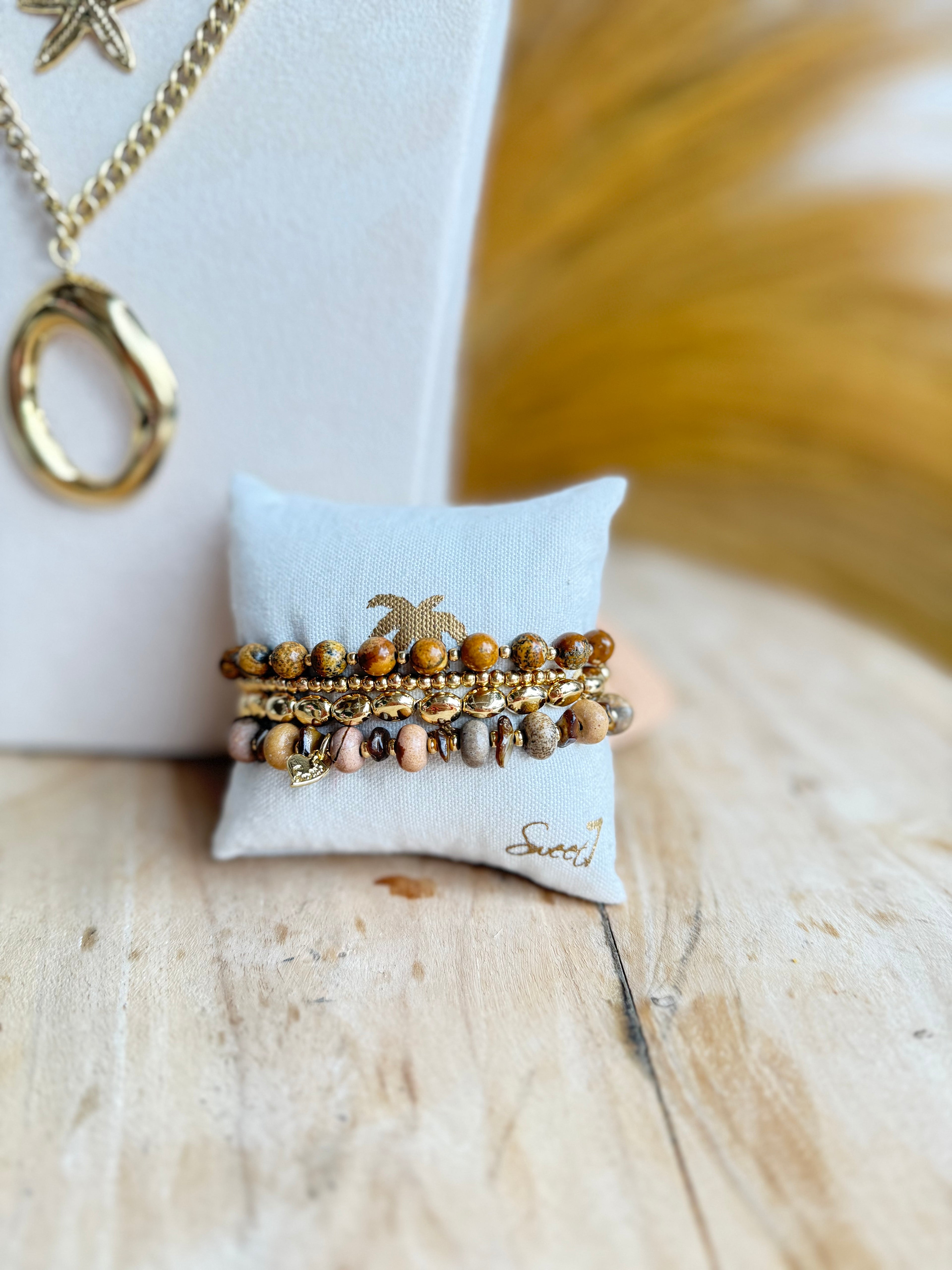 Armbandenset Yara – Picture Jasper, Schelp & Zoetwaterparel met Goudkleurige Kralen
