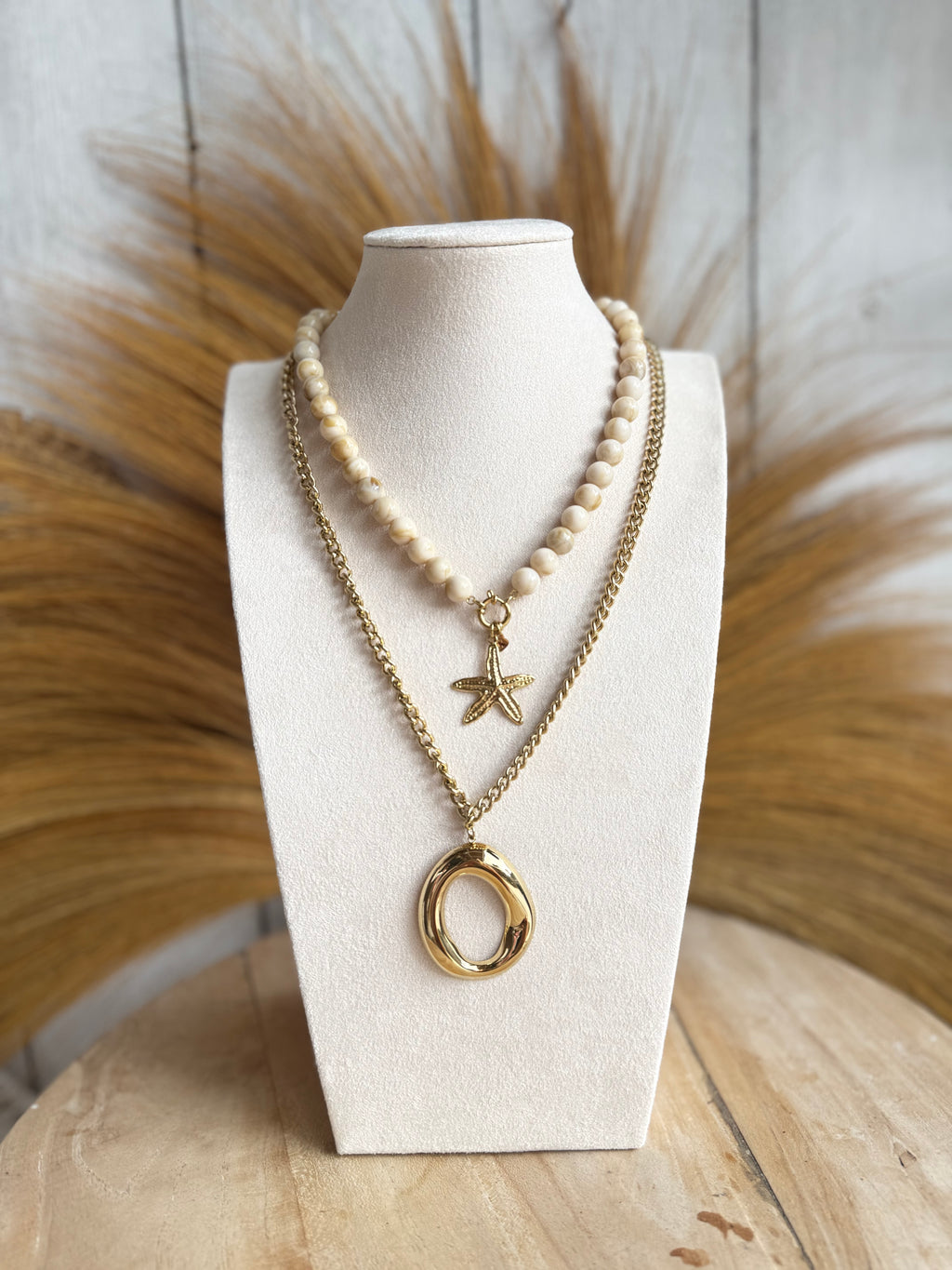 Kralenketting Dames met Zeester Hanger Goud – Crème Beige