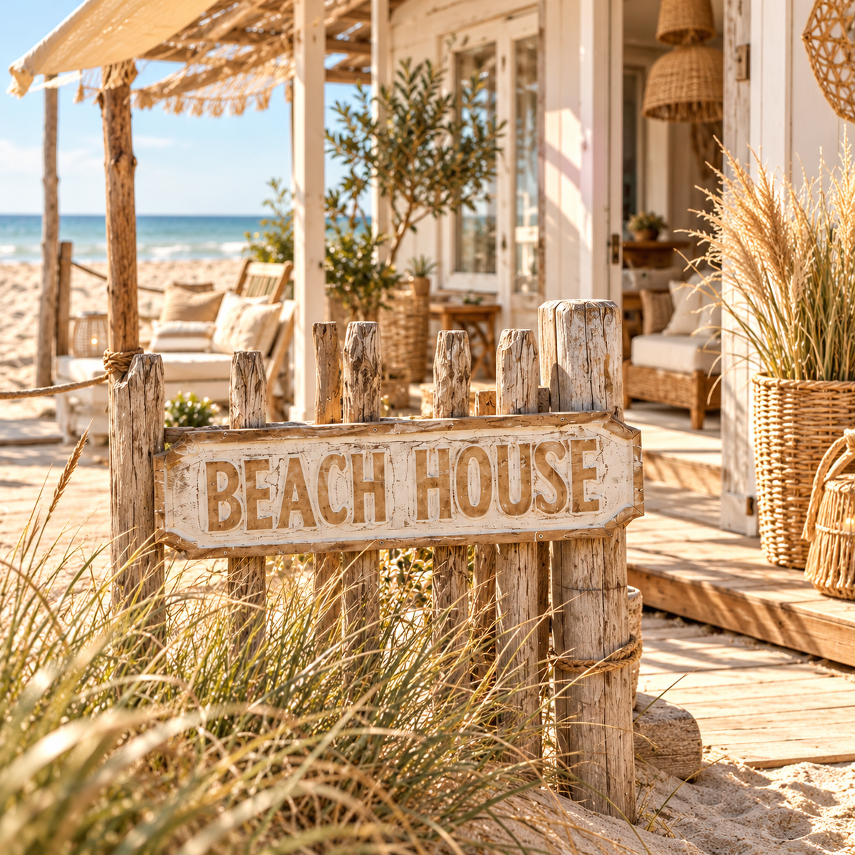Houten wandbord met tekst BEACH HOUSE in landelijke Ibiza-stijl – EllesDelanaStyle