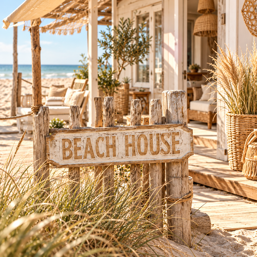 Houten wandbord met tekst BEACH HOUSE in landelijke Ibiza-stijl – EllesDelanaStyle