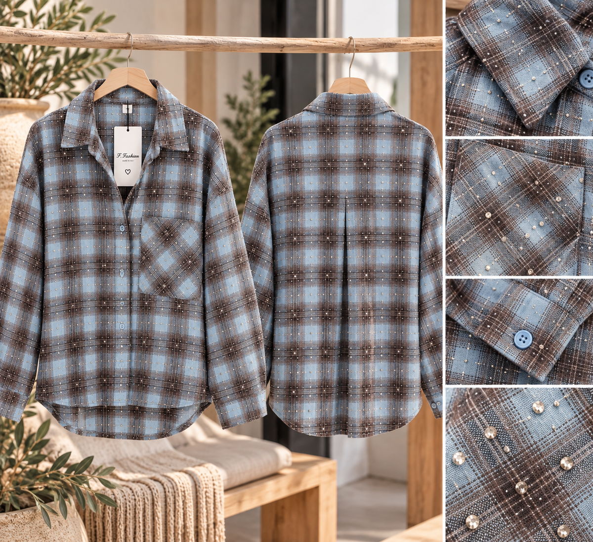 Geruite flanellen dames blouse Diamond in blauw en bruin met glinsterende steentjes – EllesDelanaStyle