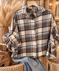 Geruite flanellen dames blouse Jade in bruin, beige en blauw – EllesDelanaStyle