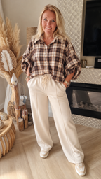 Geruite dames blouse Jane in beige en bruin met pofmouwen