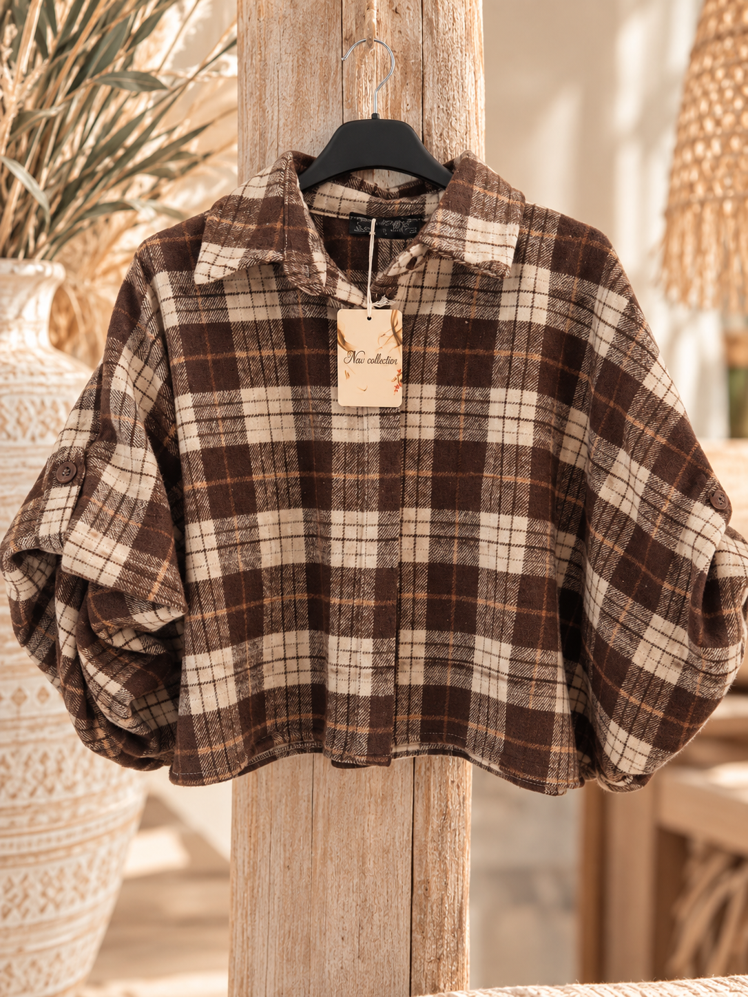 Dames ruitblouse Noa in bruin en crème met pofmouwen