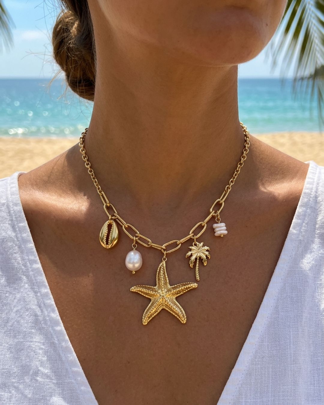 Ketting Goudkleurig met Zeester, Zoetwaterparel & Schelp – Stainless Steel