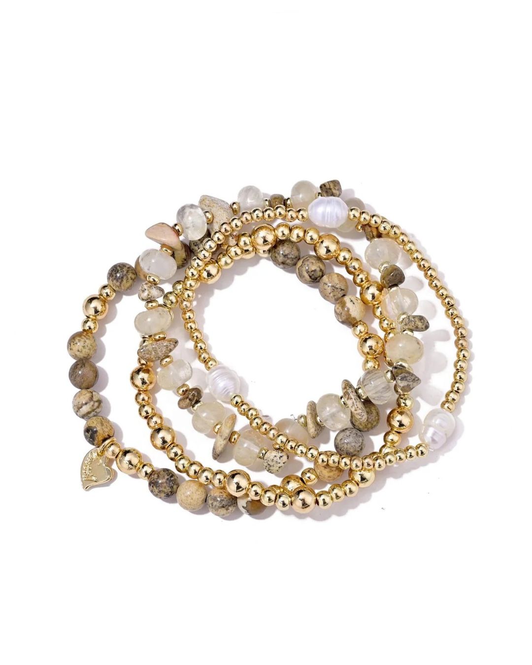 Armbandenset Nikkie – Goudkleurig met Zoetwaterparel, Hair Quartz & Picture Jasper