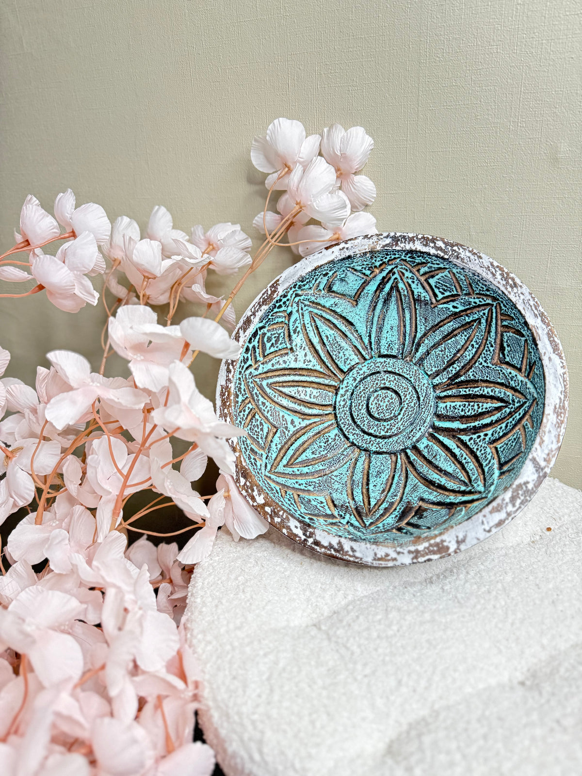 Handgesneden houten sunflower schaal - Boho Ibiza stijl tafeldecoratie 24cm