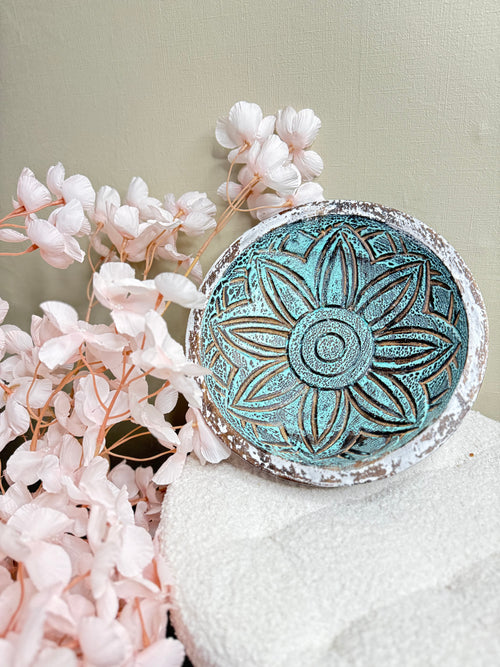 Handgesneden houten sunflower schaal - Boho Ibiza stijl tafeldecoratie 24cm
