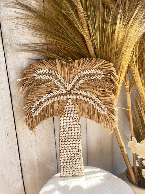Handgemaakte staande palmboom van raffia en schelpen - Ibiza stijl
woondecoratie