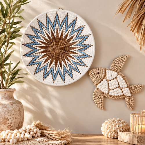 Handgemaakte bohemian wandschaal aqua blauw mandala design - Bali Ibiza stijl
50cm