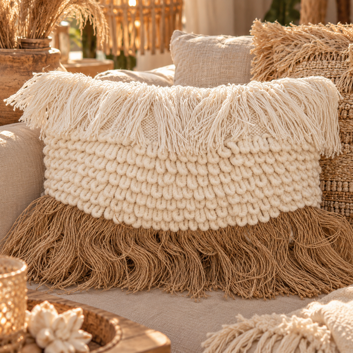 Handgemaakt boho kussen van ecru Nieuw-Zeelandse wol met lange franjes op houten bank
