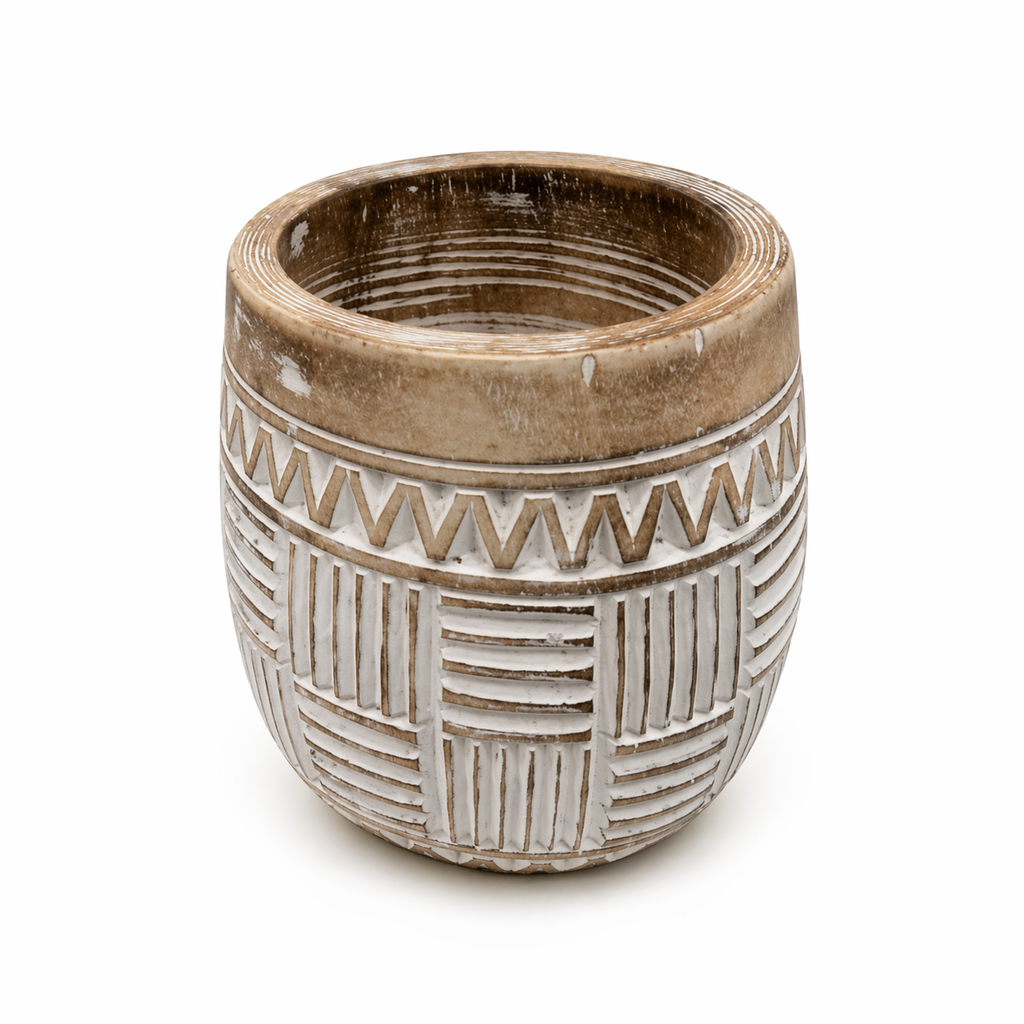 Handgemaakte houten Bloempot Boho – Beige/Wit Patroon – Handgemaakt Look