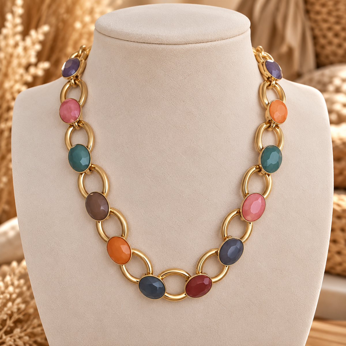 Kleurrijke goudkleurige schakelketting met gekleurde stenen – Boho statement dames ketting EllesDelanaStyle