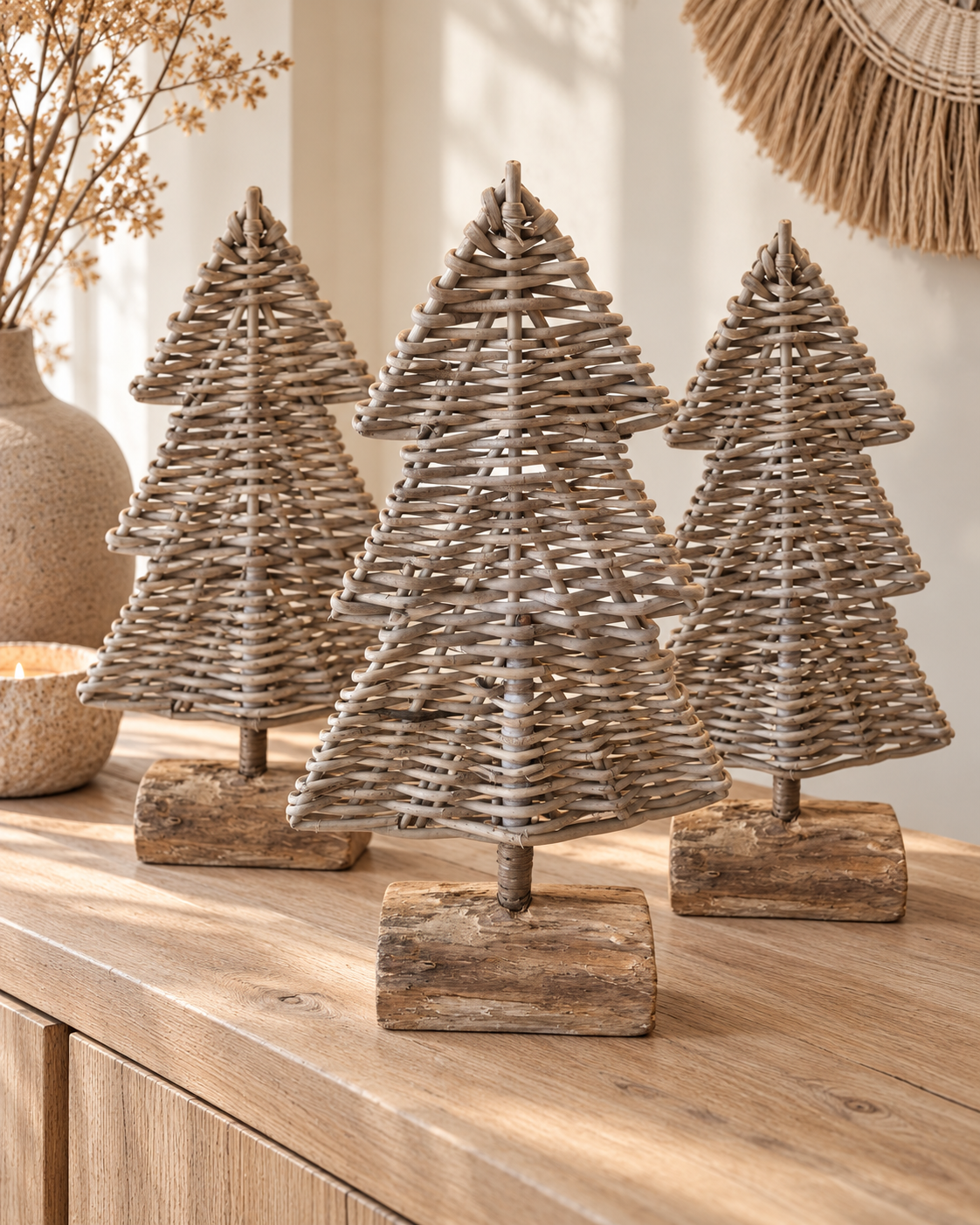 Sfeervolle decoratieve kerstboom van gevlochten rotan op een robuuste houten voet, 43 cm hoog.
