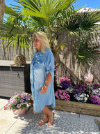 Lichtblauwe denim jurk dames | Zomerse blouse jurk met knopen en korte mouw