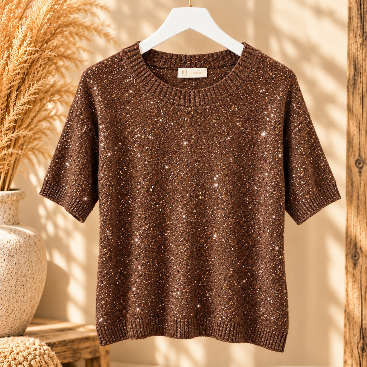 Bruine gebreide trui met korte mouwen en glitter details op een kledinghanger