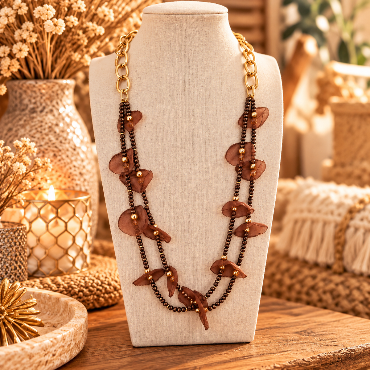 Bruine dubbele statement ketting met bladvormige accenten en gouden skakels op buste – EllesDelanaStyle