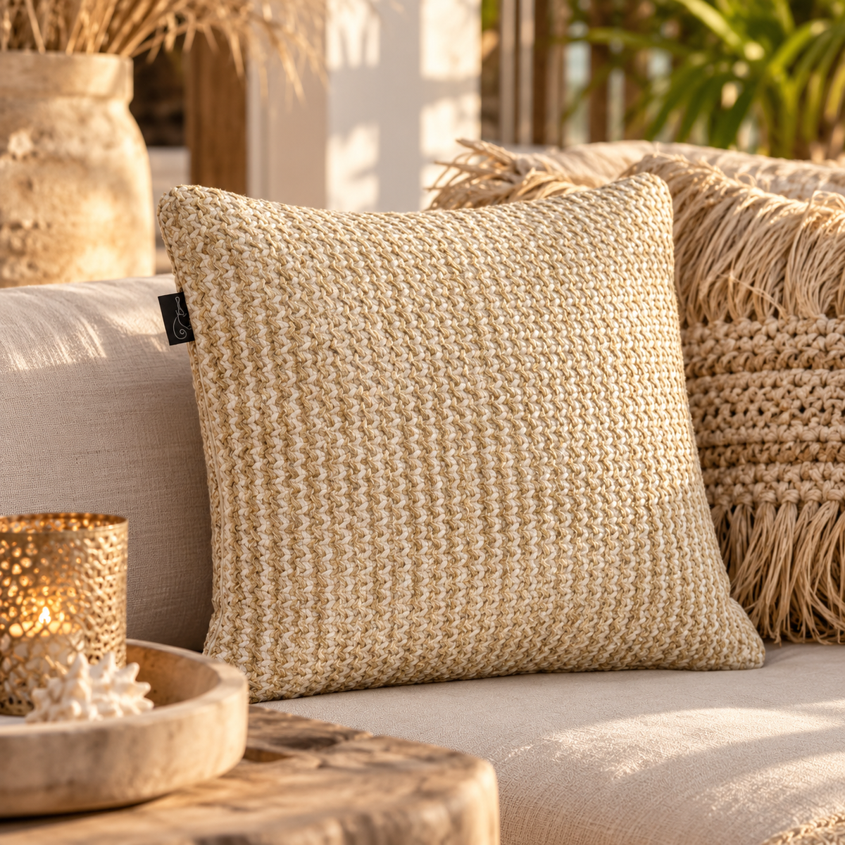 Luxe beige boho sierkussen met grove structuur in een sfeervol Ibiza interieur - EllesDelanaStyle