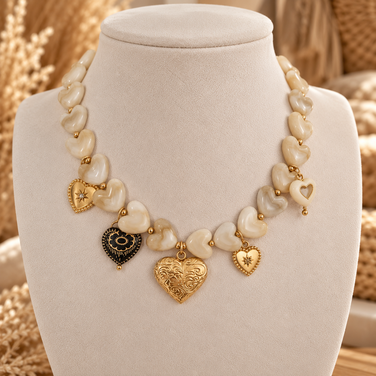 Boho gouden hartjes ketting met parelmoer kralen en bedels – Ibiza stijl dames ketting EllesDelanaStyle