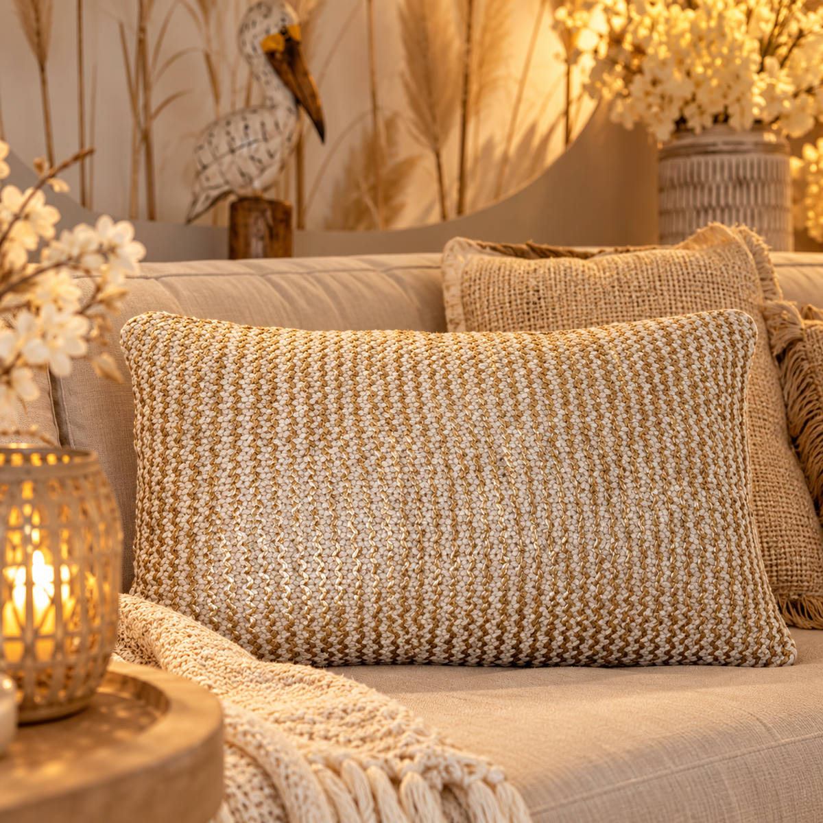 Golden weave sierkussen - Luxe bohemian sierkussen naturel en goud