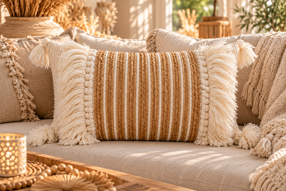 Handgemaakt langwerpig boho sierkussen met beige en witte strepen en kwastjes - EllesDelanaStyle