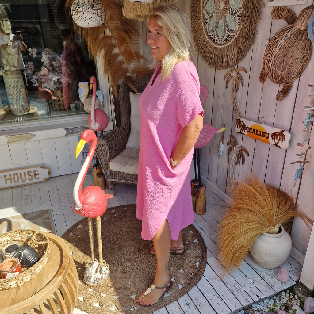 Wafelstof jurk pink