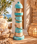 Ibiza Style houten vuurtoren decoratie in turquoise en wit met touwdetails, 40 cm hoog
