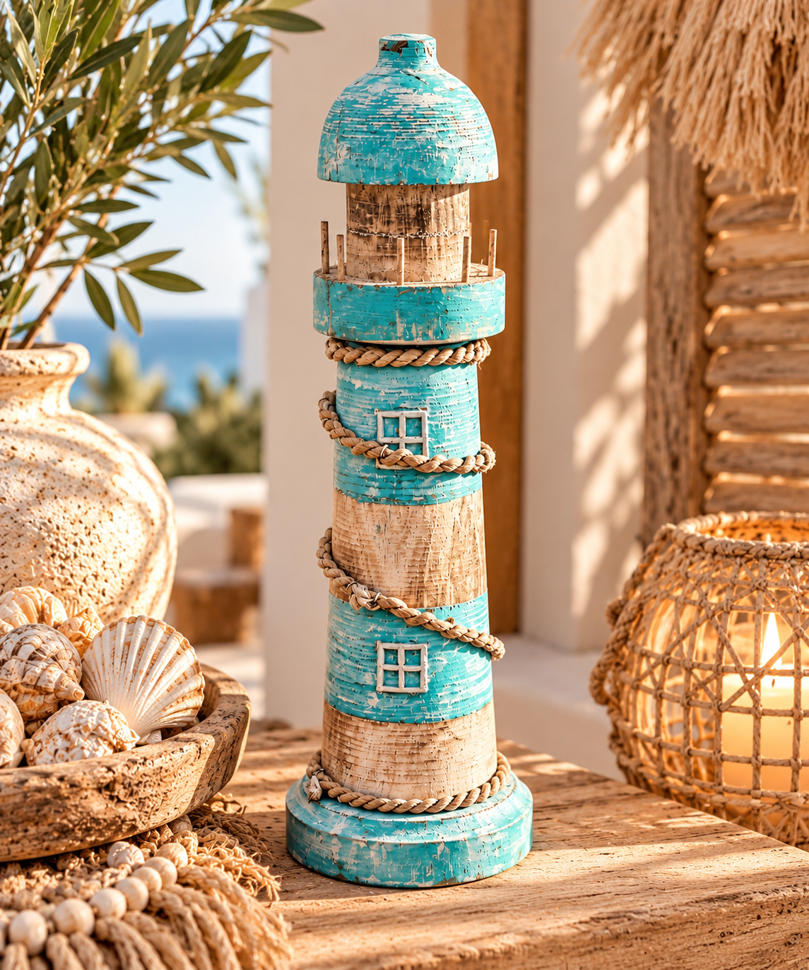 Ibiza Style houten vuurtoren decoratie in turquoise en wit met touwdetails, 40 cm hoog