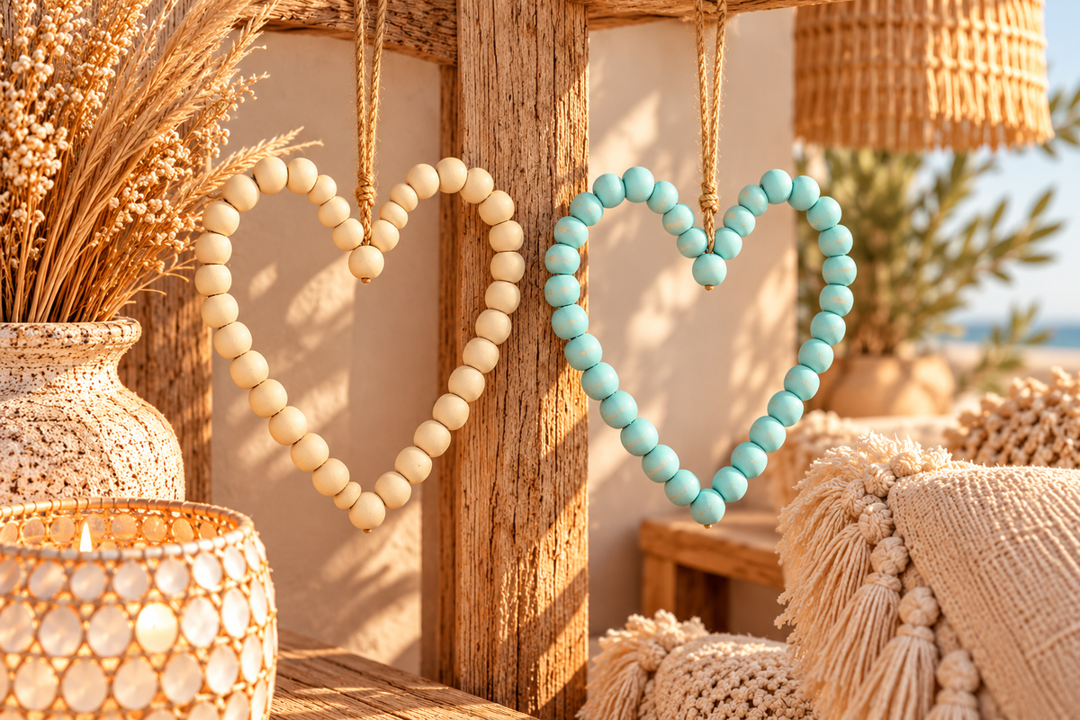 Twee Ibiza style houten kralen harten in naturel en mintgroen hangend in een sfeervol interieur
