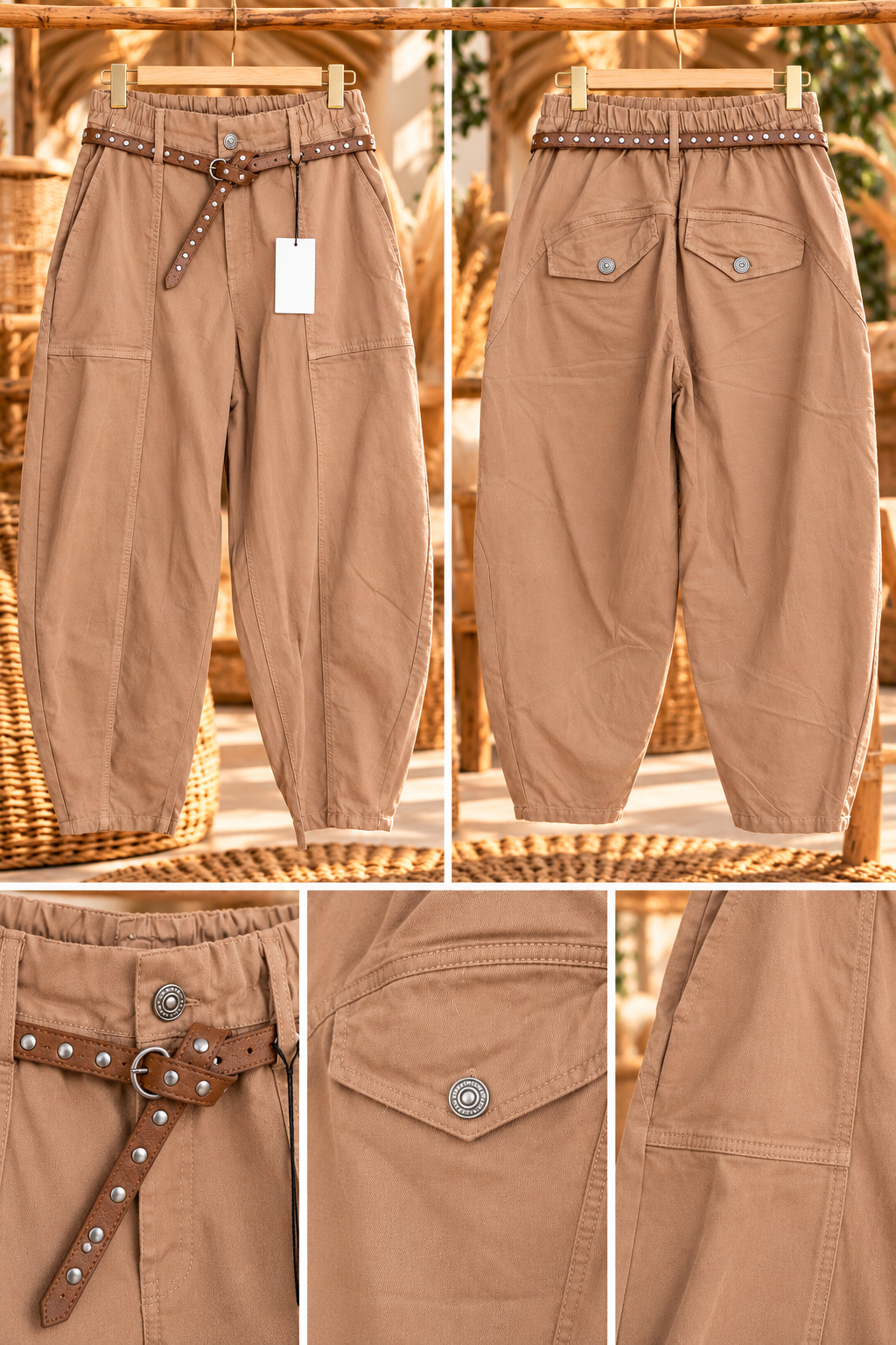 Lola Beige balloon barrel broek met elastische tailleband en studsriem – EllesDelanaStyle