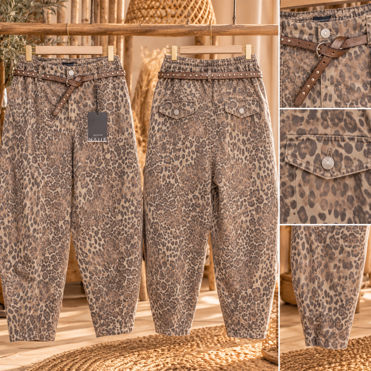Lola Leopard balloon barrel broek met panterprint in taupe en bruin inclusief riempje met studs – EllesDelanaStyle   