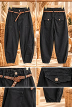 Lola Zwart balloon barrel broek met elastische tailleband en studsriem – EllesDelanaStyle