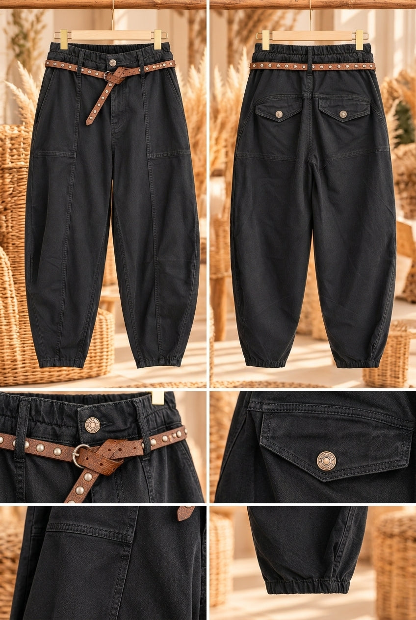 Lola Zwart balloon barrel broek met elastische tailleband en studsriem – EllesDelanaStyle