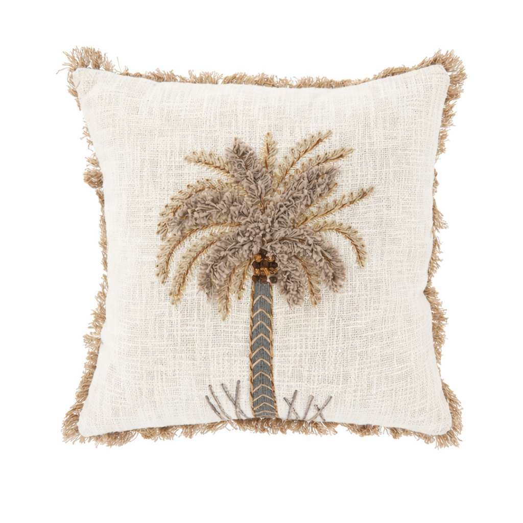Bohemian Sierkussen met Palmboom Applicatie - Ibiza Style - Wit - 45x45 cm