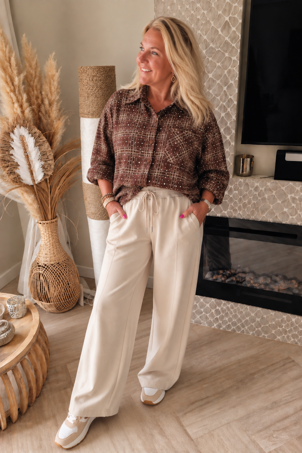 ✨ Strass Blouse – Bruin Geruit