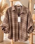 Strass Ruitblouse met pofmouw lichtbruin