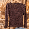 Donker chocoladebruine kanten top Élise met bloemenkant en strass-steentjes – EllesDelanaStyle