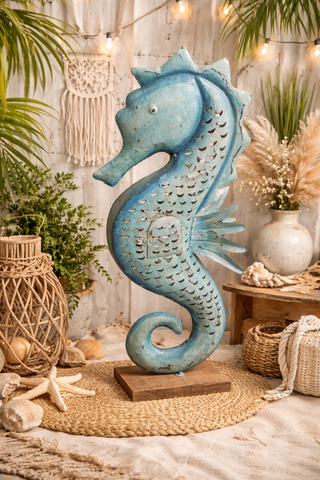 Luxe Vintage Metalen Zeepaard Lantaarn - Blauw - 110cm XXL