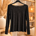 Zwarte Top Strass Vera Jo met subtiele glitters op een kledinghanger   