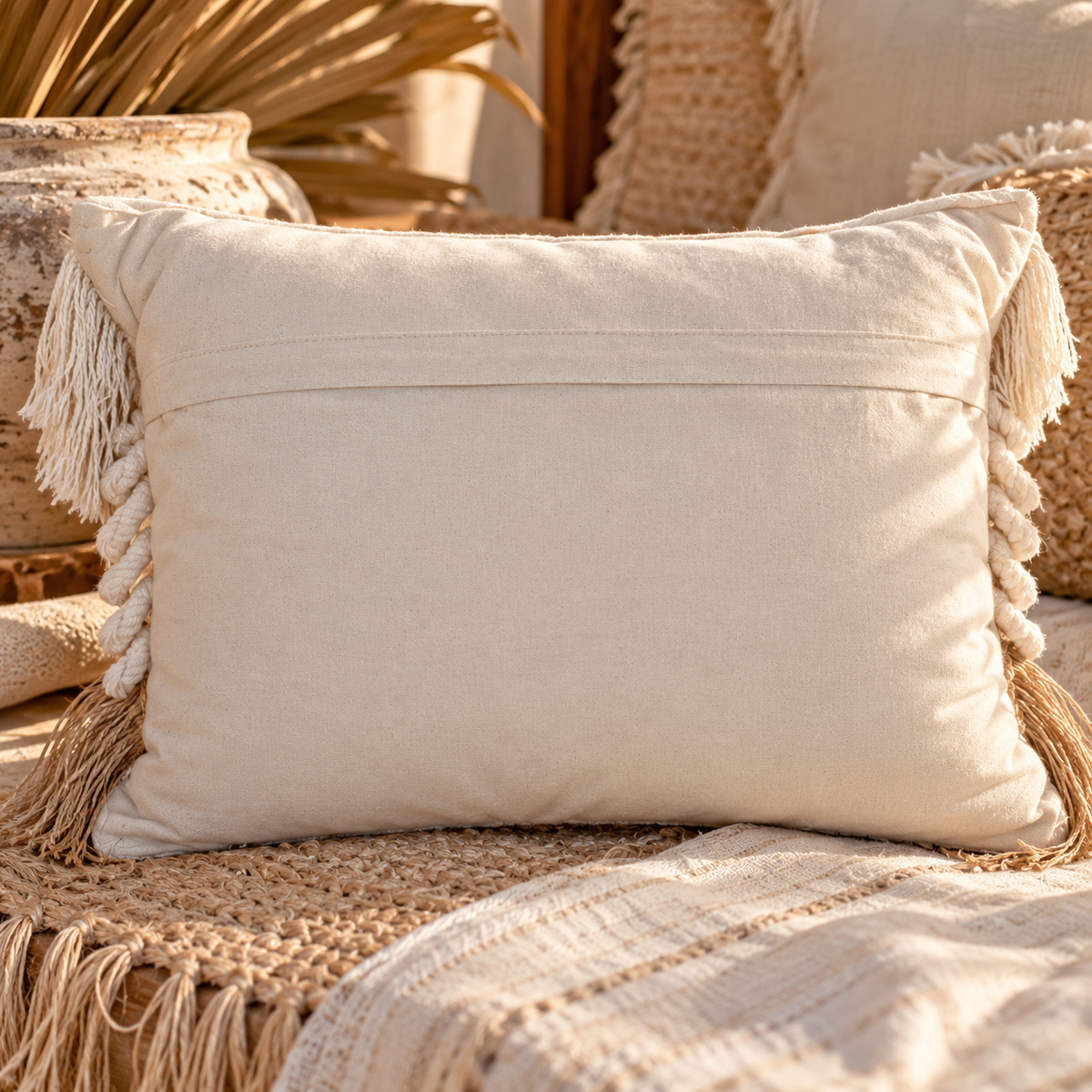 Wollen sierkussen in ecru en naturelle aardetinten op gestyled bed in ibiza stijl